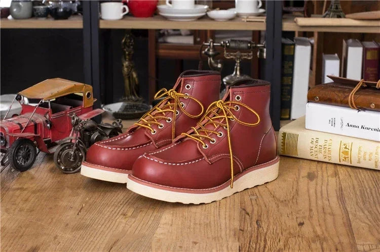 Men's Goodyear-Welted Vintage Genuine Leather Mid-calf Motorcycle Boots Round toe Casual Punk Dress Boots Work Shoes Western Red