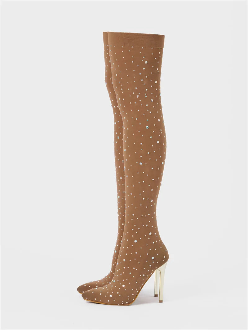 Liyke Sexy Pointed Toe Crystal Rhinestone Stretch Fabric Thigh High Boots Women Thin Heels Over The Knee Socks Shoes Size 35-43