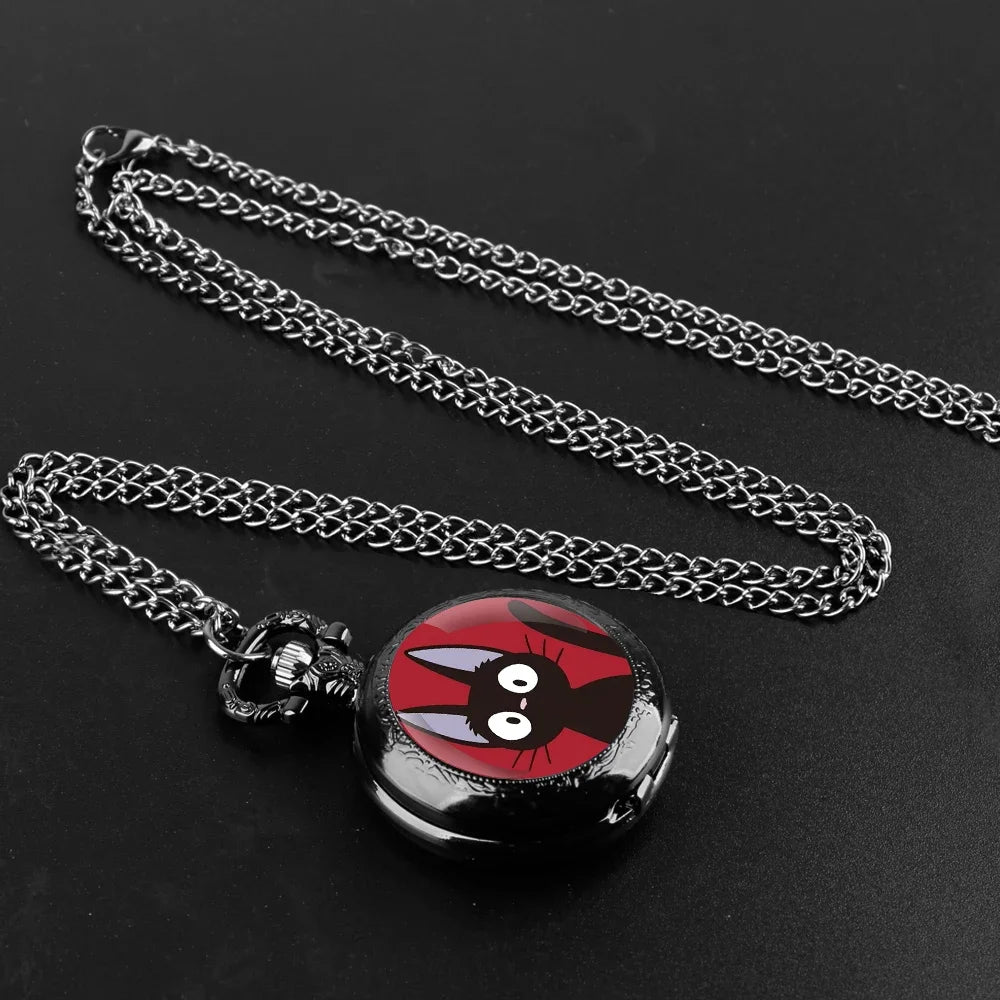 Anime Black Cat Glass Dome Quartz Pocket Watch Arabic Dial Vintage Men Women Necklace Pendant Creative Clock Children Gift