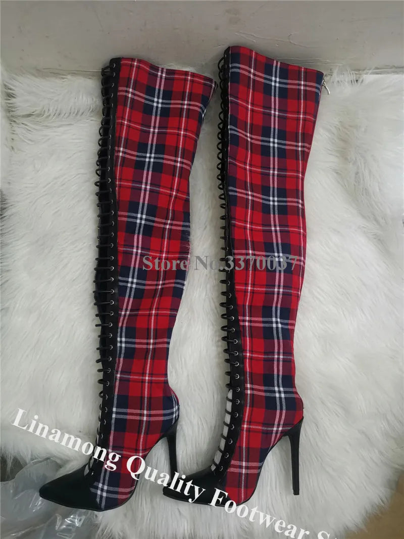 Red Plaid Short Boots Linamong Pointed Toe Cut-out Checkered Stiletto Heel Lace-up Ankle Booties Sexy Slim Dress Heels