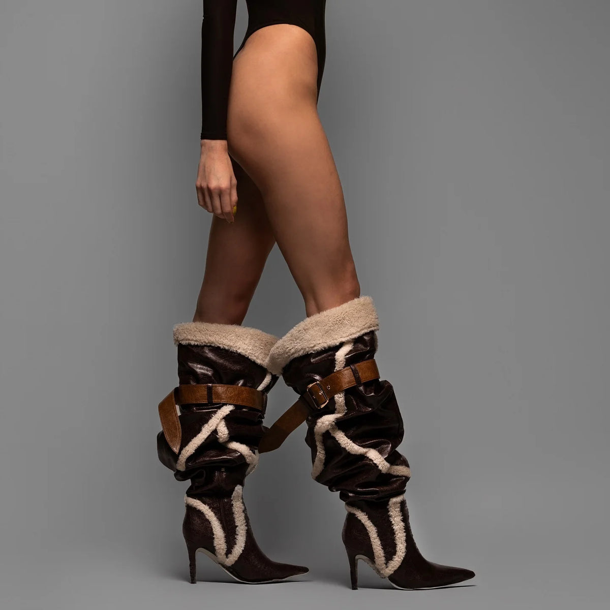 2026 Women Fur Belt Buckles Knee High Boots Retro Leather Slip-On Pointed Toe Fashion Luxury Elegant Women Shoes Newest 44