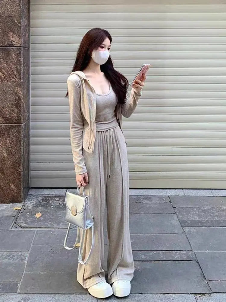 Casual Sportswear Women's Spring Autumn Three-Piece Set Slimming Fashionable Jacket Vest Wide Leg Pants for Short Women