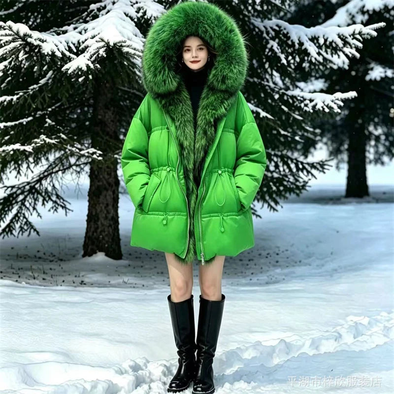 Winter New Arrival Women's Long down Jacket withLargeFox Fur Collar Fashionable Waist-Cinching Drawstring Loose Goose down Coat