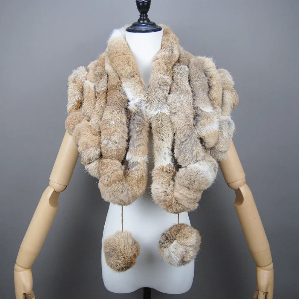 Women Fashion Outdoor Knit 100% Real Rabbit Fur Scarves New Lady Winter Real Rabbit Fur Scarf Natural Warm Soft Rabbit Fur Shawl