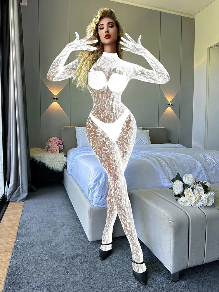 Toucheart Sexy Mesh Jumpsuit Women's Underwear Long-sleeved Jumpsuit Fishnet Top with Closed Crotch Perspective Sexy Jumpsuit