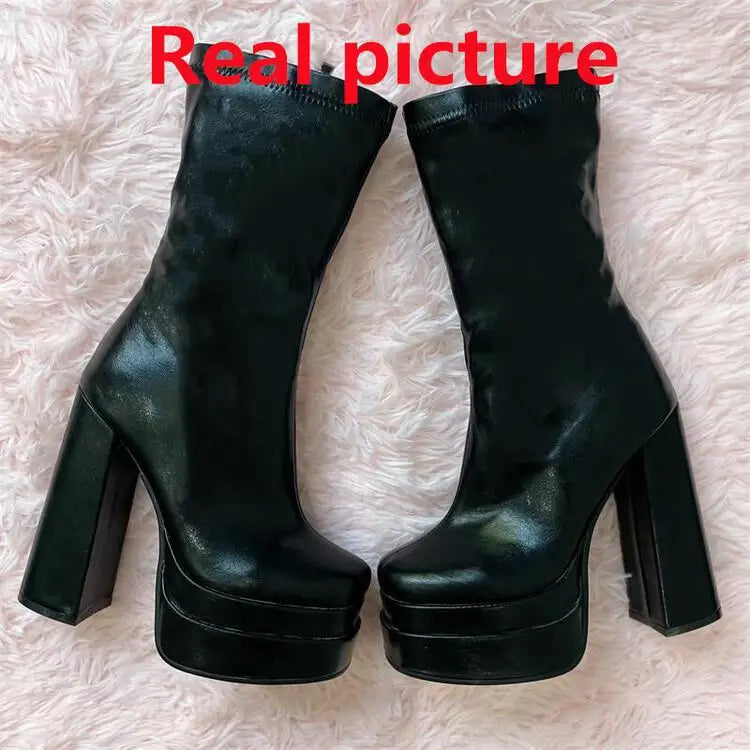 Foreign Trade Women's Shoes Fashion Super High Heels Platform Short Boots New Chunky Heel Mid-calf Boots Casual Ankle Boots CD