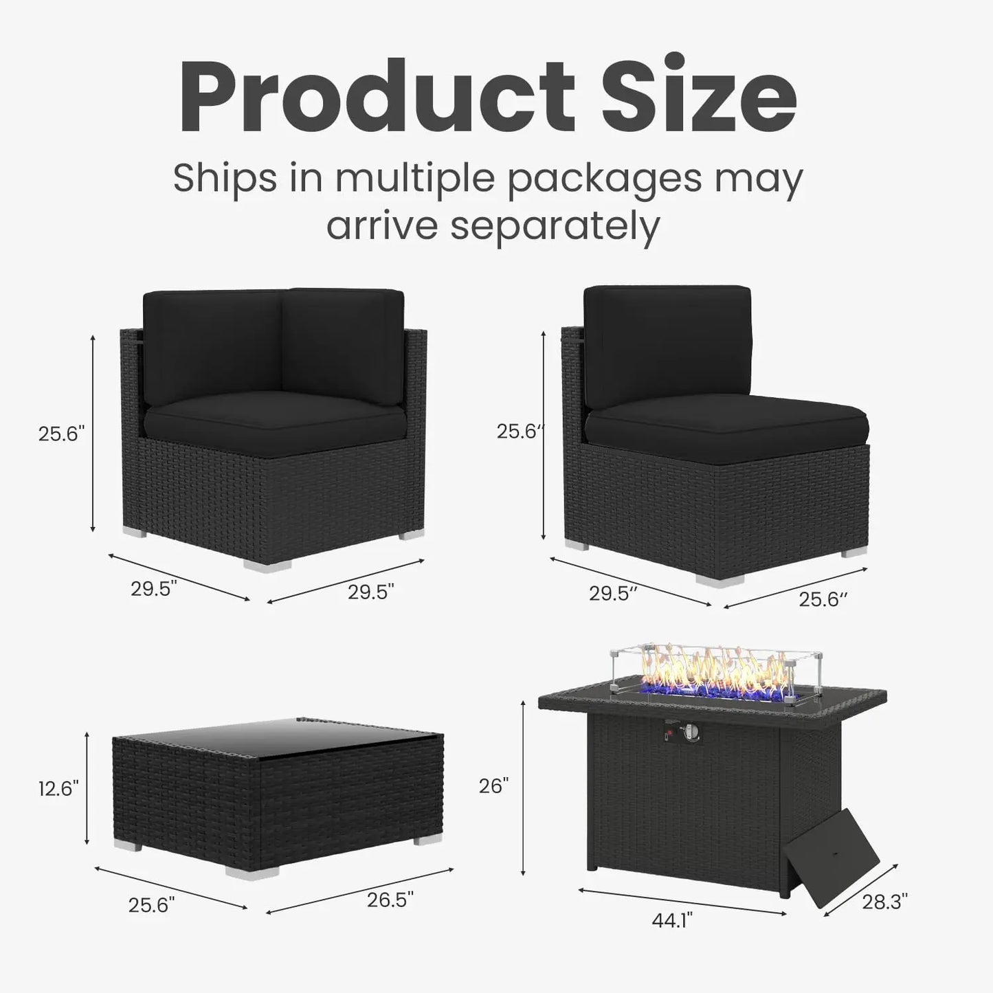 8-Piece Patio Wicker Sectional Sofa Set with 44" Propane Fire Pit Table & Coffee Table, Outdoor Furniture, Custom