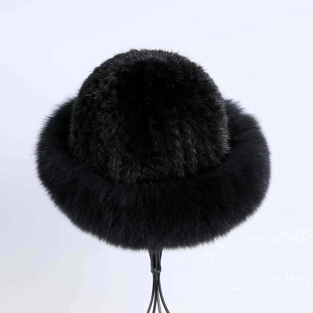 Women's Winter Warm Genuine Premuim Mink Fur Knitted Bucket Hat Furry Real Fur Caps Big Fox Fur Trim Brim Adjustable