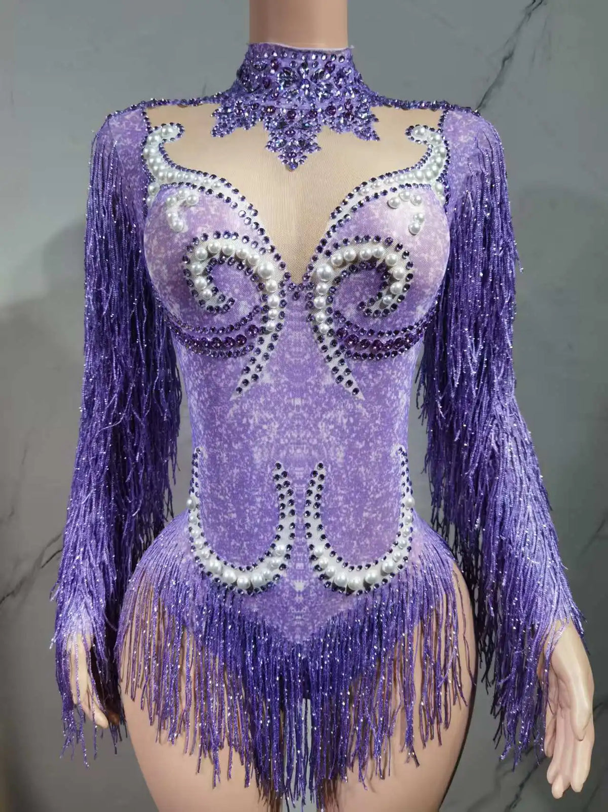 Luxury Gray Fringe Silver Rhinestones Pearls Transparent Bodysuit Women Dance Show Costume Birthday Party Outfit