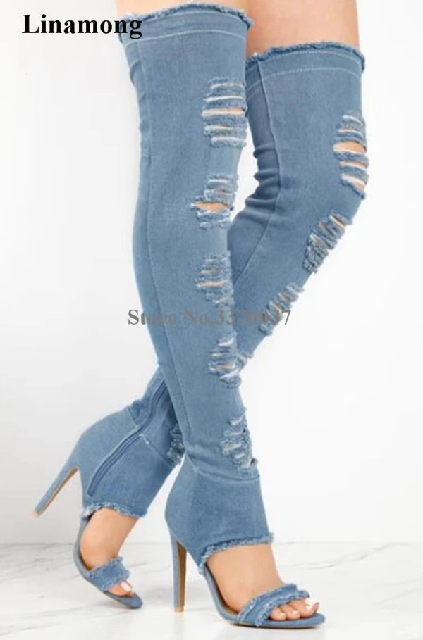 Spring Summer New Fashion Open Toe Denim Over Knee Gladiator Boots Cut-out Thigh Long High Heel Jean Boots