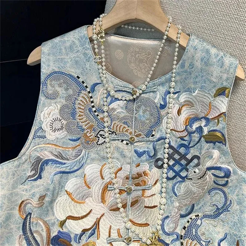 New Chinese Style Double-layer Warm Vest With Round Neck Heavy-duty Embroidery Buckle And Camisole Versatile And Versatile