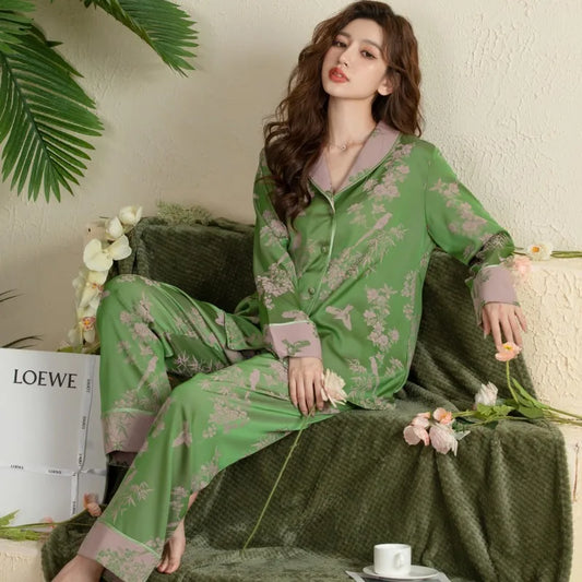 Women Pajamas Set Large Collar Green Cardigan Home Wear Two-Piece Long-Sleeved Outside Ladies Ice Silk Sleepwear Spring Autumn
