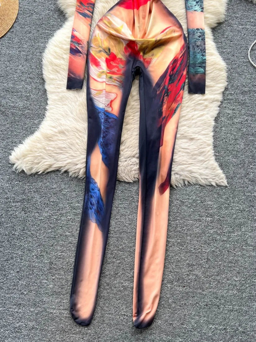 Foamlina 2025 Autumn New Fashion Print Bodysuit European Women's Sexy Hot Girl Slim Fit Flattering Long Sleeve Tight Jumpsuit