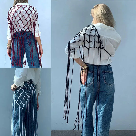 Bohemian Bikini Cover Up Skirt Netted Fringe Scarf Shawl Decorative Tassel Ethnic Handwoven Mesh Tassel Waistband Butt Curtain