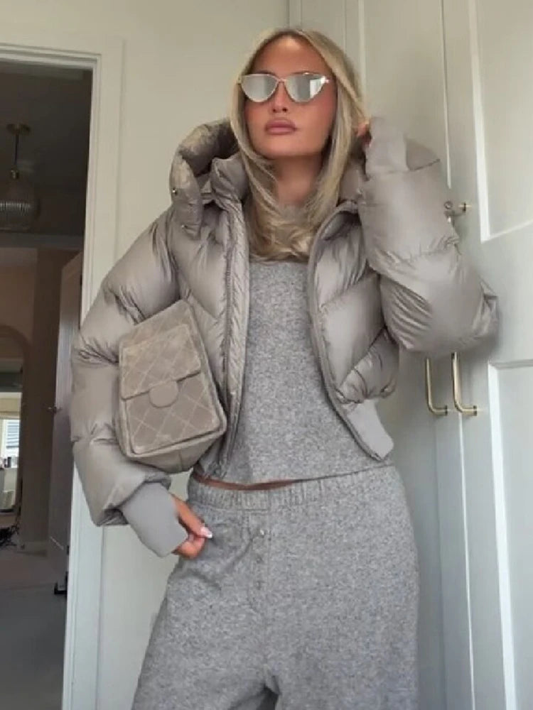 Trendy Solid Hooded Zip Snap Button Short Puffer Jacket Women Slim Fit Cropped Outerwear Winter Casual Street Daily Holiday Wear