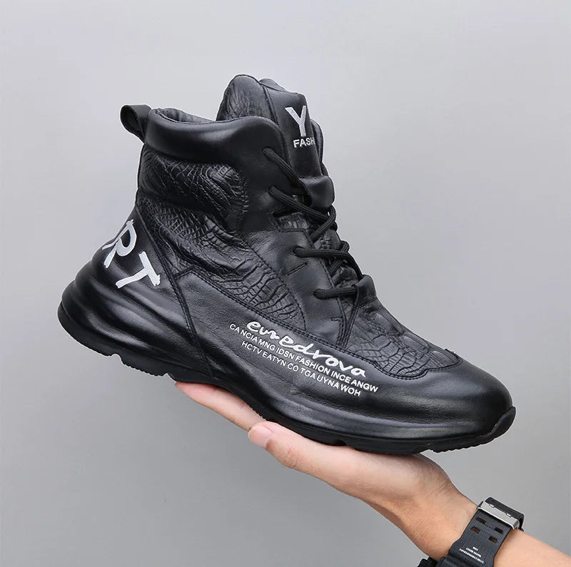 Genuine Leather Winter Boots For Men Crocodile Leather Casual Fleece Warm Shoes Motorcycle Punk Botas Male Loafer Hombre KK419