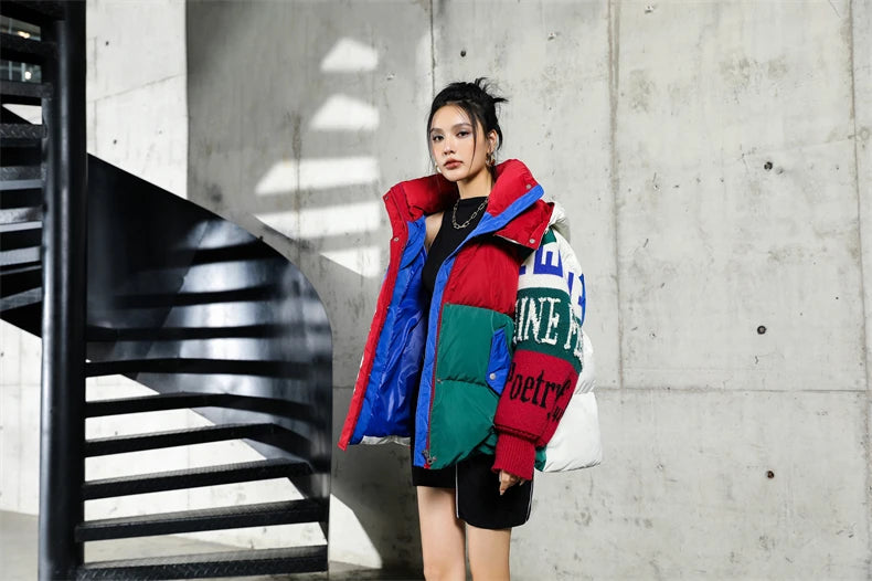 Streetwear Letter Stitching Fashion Down Jacket Women's New Hooded Parka Loose Winter Down Coat Female Thick Casual Warm Clothes