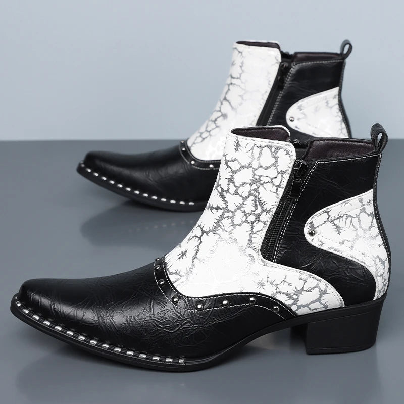 QRLQRL Men Black White Two‑Tone Western Ankle Boots Cracked Leather Panel Side Zipper Pointed Toe Cuban Heel Boots