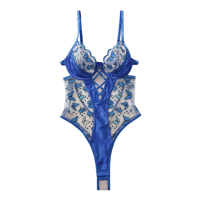 CHILLGIO Women Butterfly Embroidery Mesh Bodysuits Push Up Underwire Tights Sexy One Piece Combination Strappy Rompers Lingerie