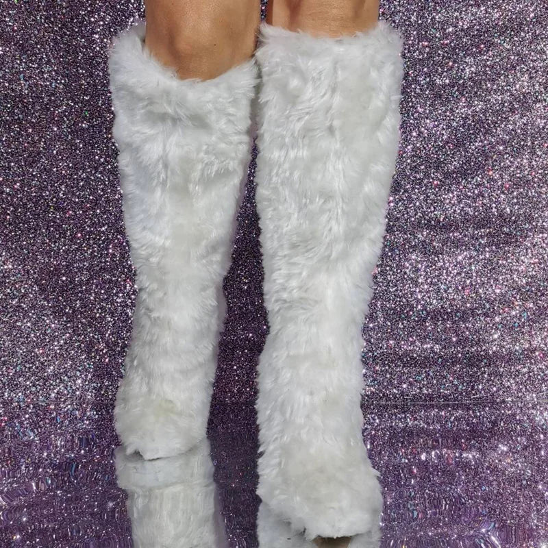 Lemon Yellow Fur Knee High Boots Women Full Fluffy Fur Pointed Toe Orange High Heels Winter Boots Female Fashion Warm Snow Shoes