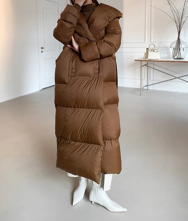 High end Ultra long White goose down Jacket For women Winter 2025 New Fashion Down Coat Female Thicken Parka Overcoat with belt
