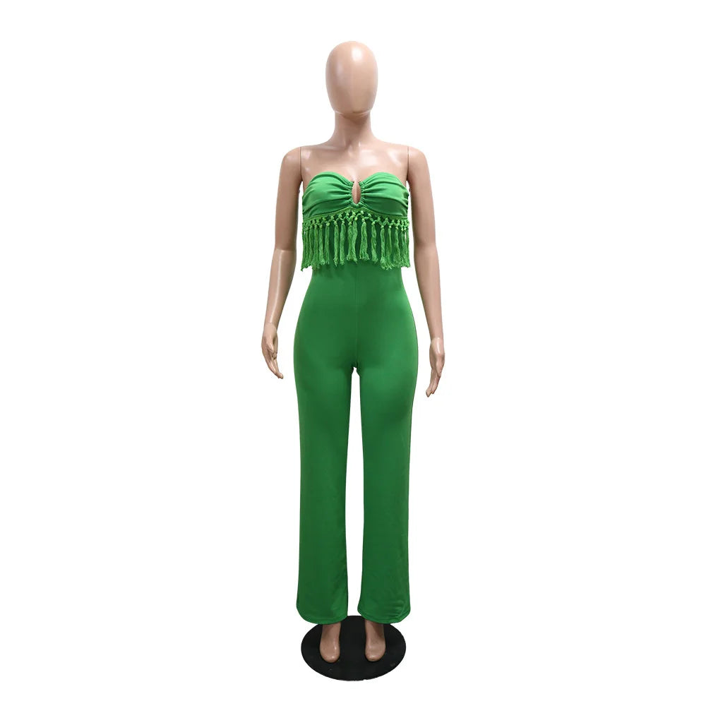 HBLL Sexy Women Fringe Jumpsuits One Piece Outfits Women Summer Bodycon Jumpsuit Strapless Sleeveless Female Streetwear Overalls