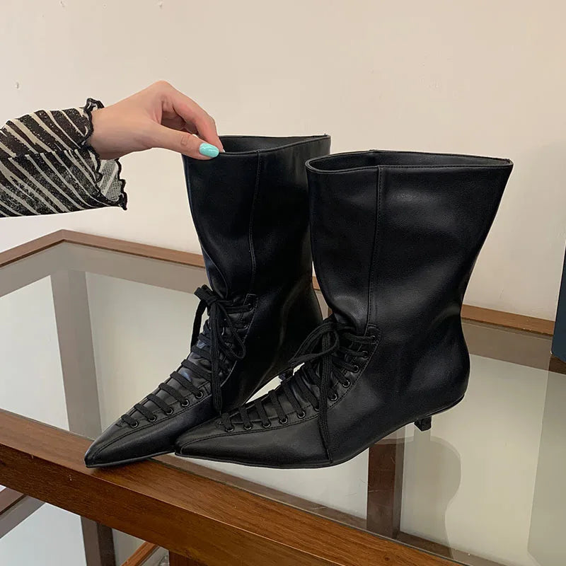 New Fashion Cross-tied Pointed Toe Women Ankle Boots Autumn Winter Thin Low Heels Party Dress Ladies Short Booties Shoes