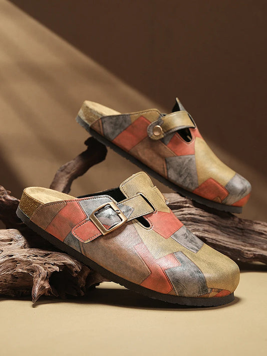 Unisex Cork Closed Toe Slippers Slip-on Clogs Slides Fashion Leather Sandals with Adjustable Buckle Backless Comfort Footbed