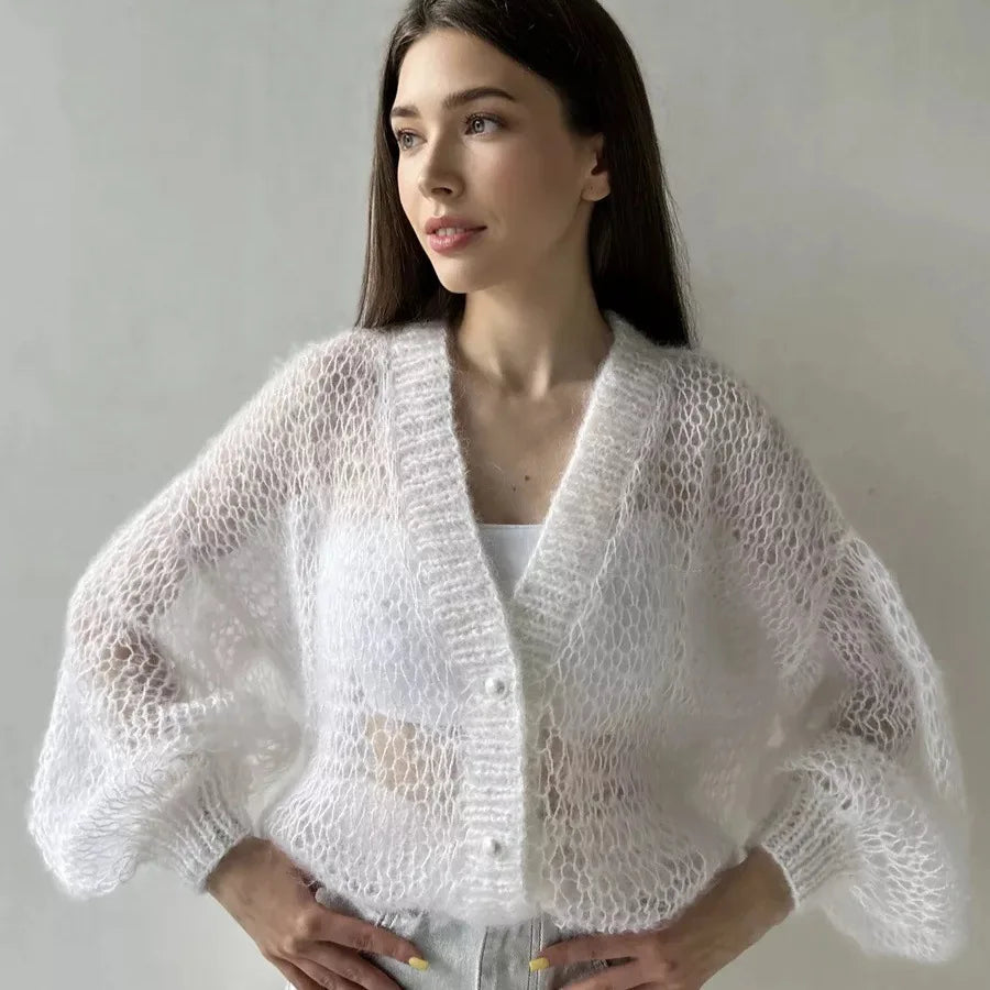 Women Knitting Cardigan 2026 New Women Mohair Knit Cardigan Hollow Out Sheer Long Sleeve Casual Knitted Outerwear Sweater