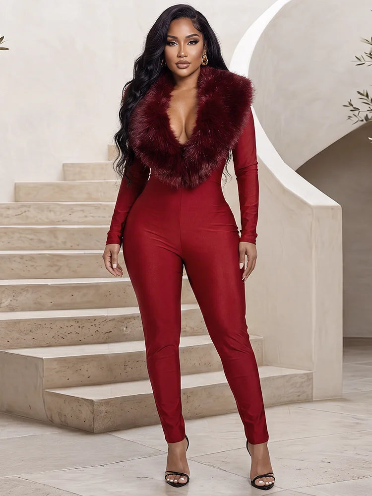 Weird Puss Plush Patchwork Jumpsuits Woman Autumn Trend Low-Neck Full Sleeve Skinny Stretch Midnight Club Party Fashion Overalls