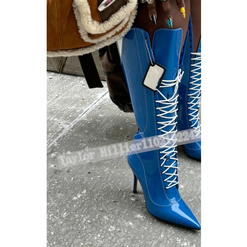 Rose Pink Patent Leather Cross-Strap Boots Women'S Pointed Toe Stiletto Heel Knee-High Boots Trendy Party Evening Boots Autumn