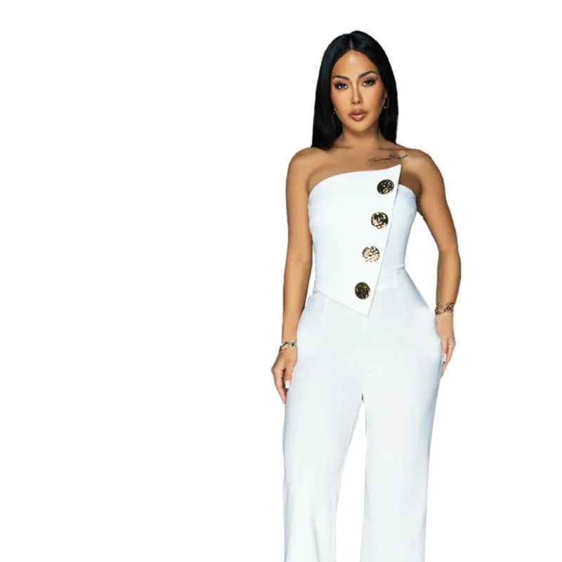 Sexy Backless Strapless Jumpsuit Summer Women Fashion Solid Button Sleeveless Slim Fit Wrap Hip Jumpsuits Elegant Office Romper