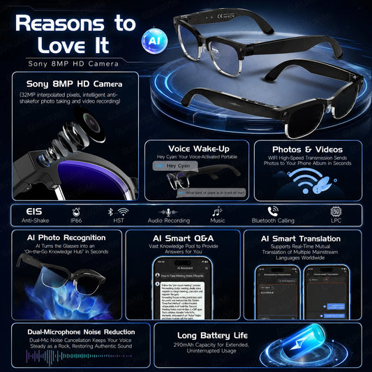 New AI Smart Glasses Various Language Translation 800W Pixel Camera Video Music Player Call Business 8K Color Change Glasses Men