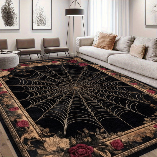 Vintage Gothic Spider Web Rose Area Rug Retro Dark Non‑Slip Floor Carpet for Bedroom Living Room Home Decoration