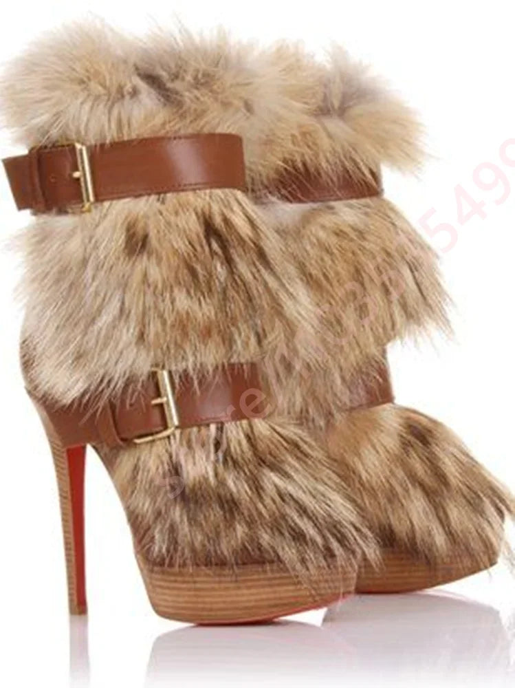Winter Platform Belt Buckle Soft Fur Short Boots Fashion Show Party Casual Furry Boots New Sexy Women's Stiletto Warm Boots
