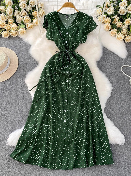 Summer Women Polka Dot Long Dress Vintage V-Neck Flying Sleeve High Waist Single Breasted A-Line Casual Vestidos Female Robe New