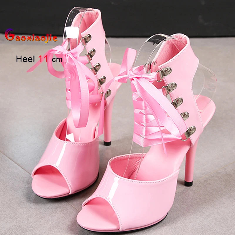 2025 New Sexy Pink High Heels 11cm Women's Shoes Fine Heels Round Head Ladies Pumps Ankle Lace-up Buckle Sandals Nightclub Shoes