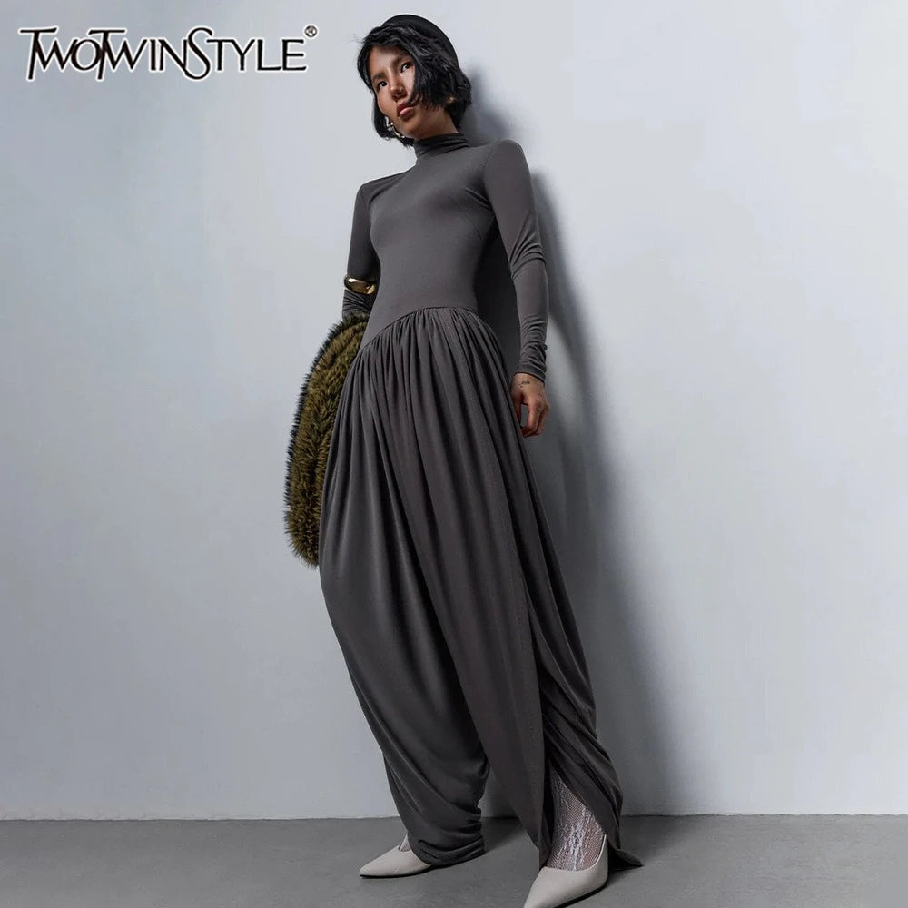TWOTWINSTYLE Sexy Hot Girl Solid Color Jumpsuits for Women Round Neck Long Sleeve Backless Side Split Streetwear Jumpsuit Female