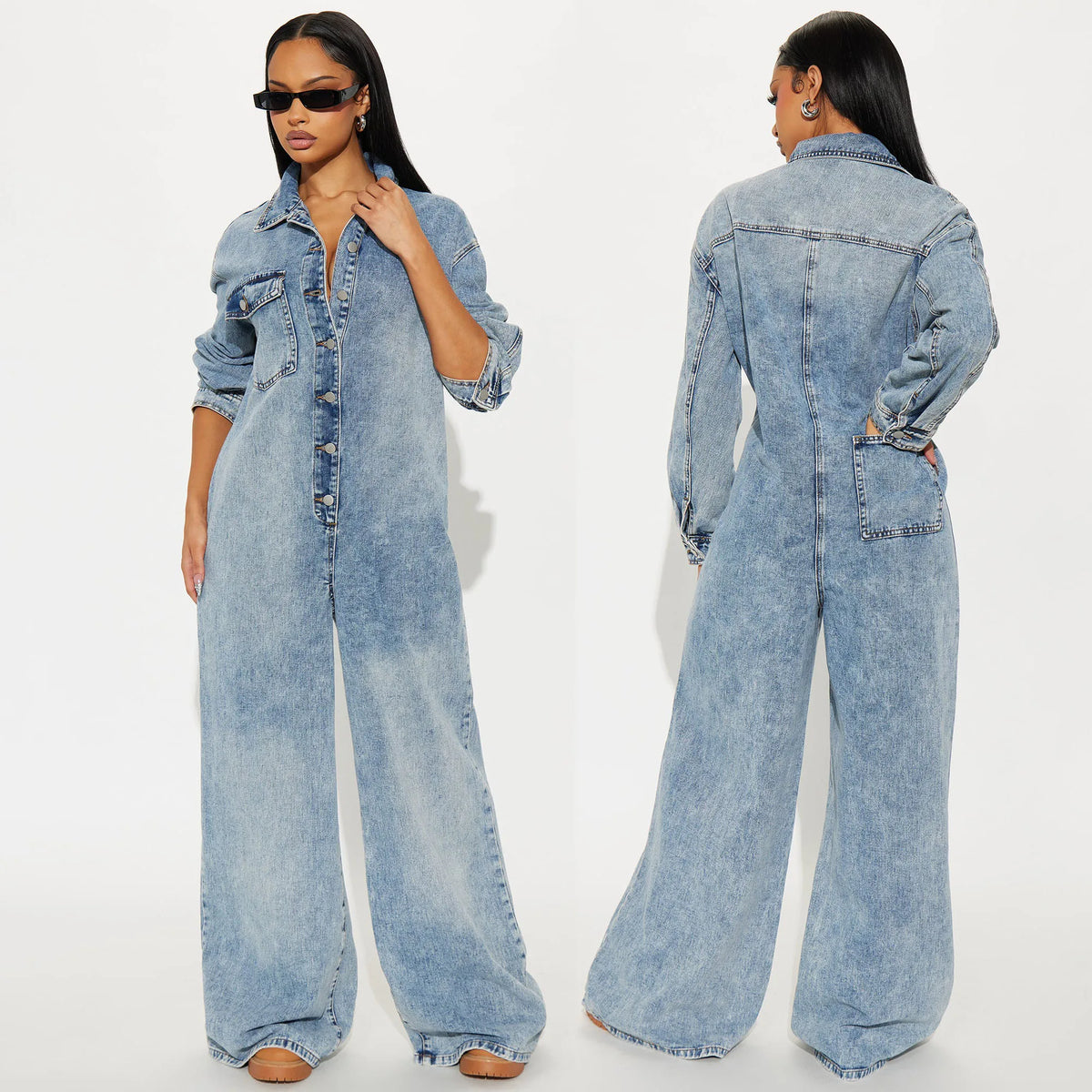 Streetwear Jeans Cargo Jumpsuit Sexy Women Turn Down Collar Elegant Wide Leg Denim Straight Romper Overalls