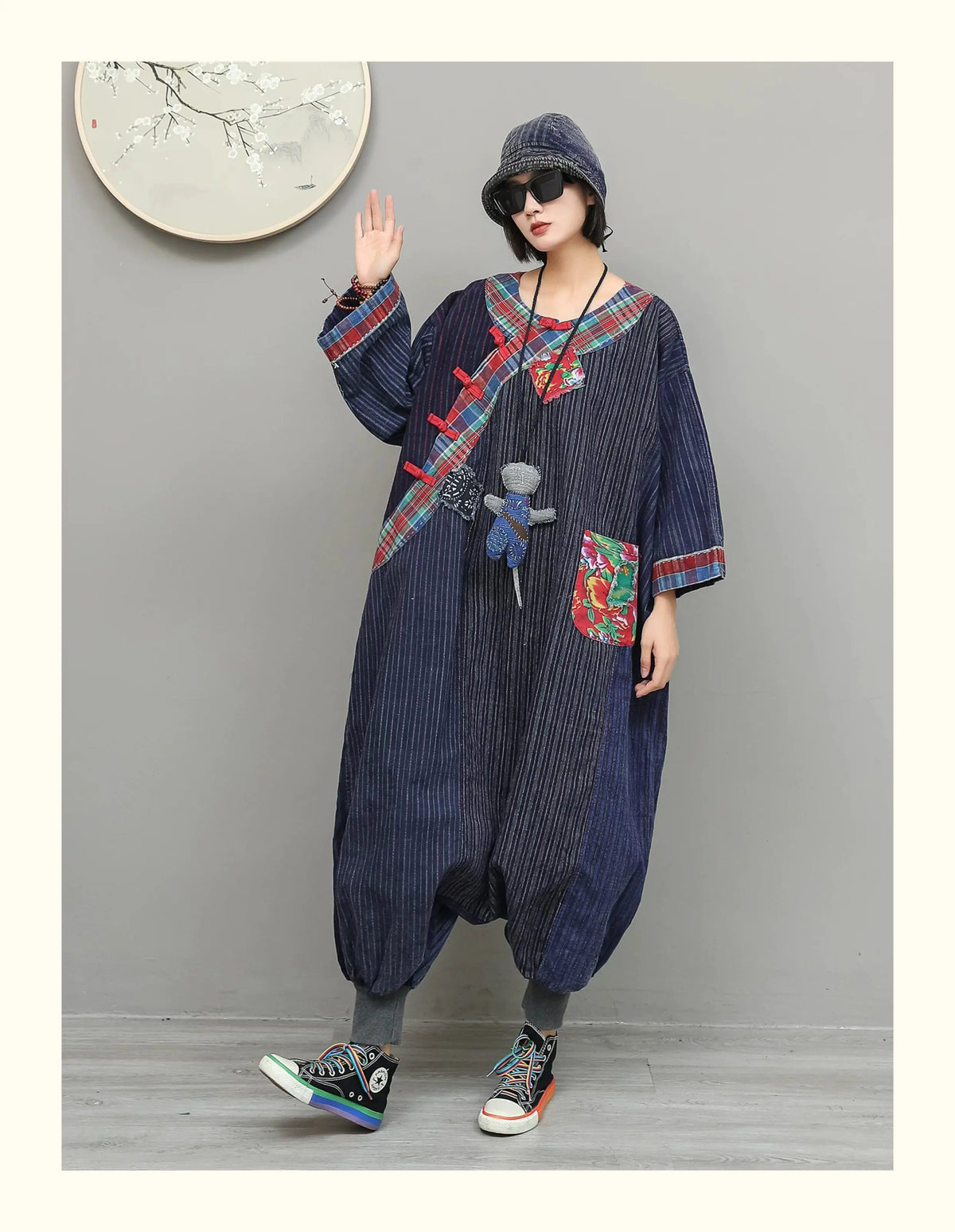 Unique Stylish Patchwork Jumpsuit Women Chinese-style Diagonal Button Long Sleeves Overalls Loose Fit LX6834