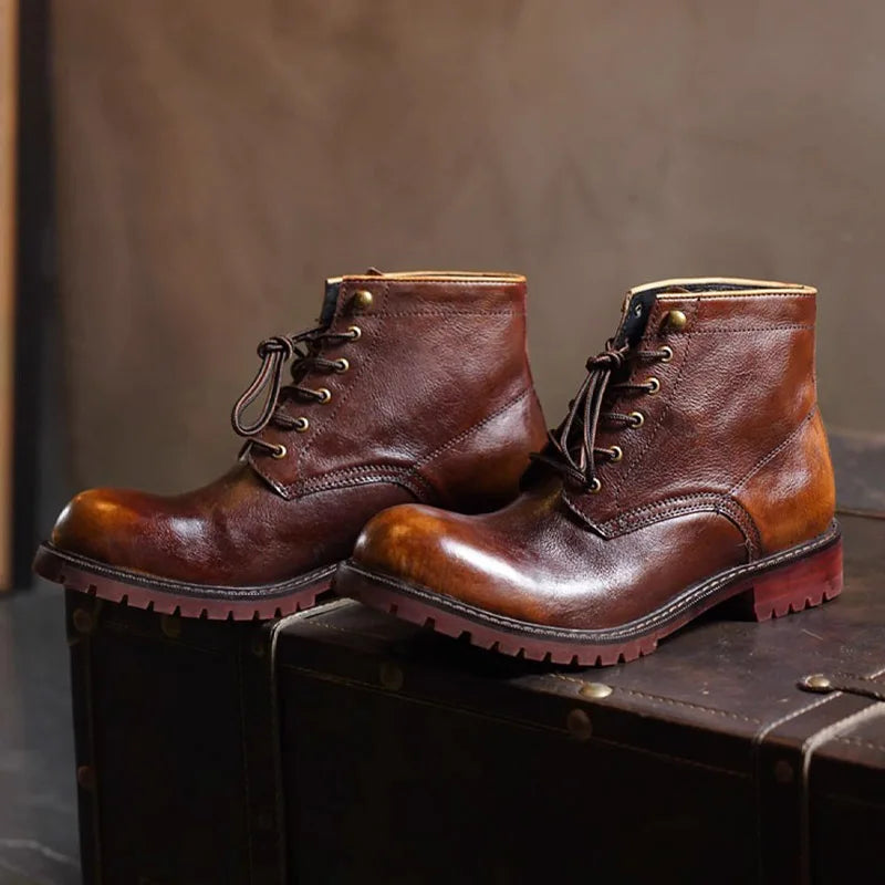 Fashion Men's Genuine Leather Motorcycle Boots British Brogue Shoes High-top Round Toe Mid-calf Chelsea Western Riding Boots