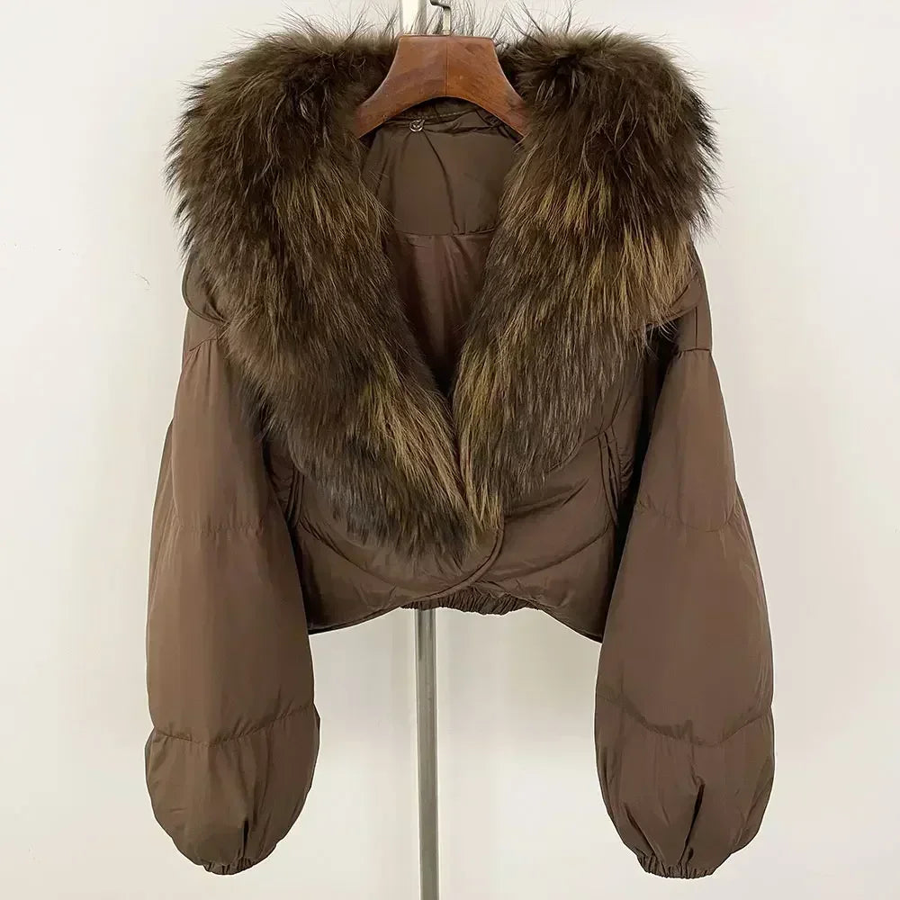 Winter Female White Duck Down Jacket Luxury Loose Short Fashion Casual Women Warm Real Fox Fur Coat Long Sleeve Puffer Jacket