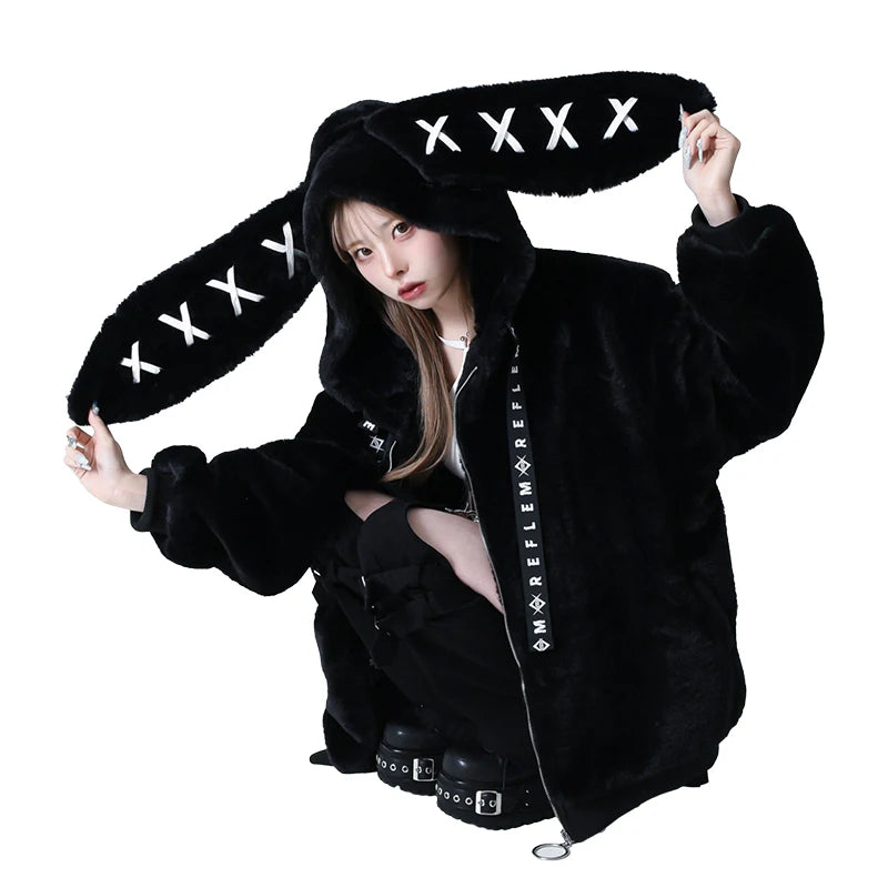 Mauroicardi Autumn Winter Sweet Cute Kawaii Soft Thick Warm Black Faux Fur Coat Women with Bunny Ears Cute Fluffy Jacket Hoodie