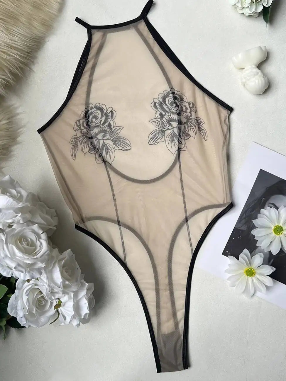 Sexy Women's Hollow Out Tight Pants Backless Bodysuits Hanging Neck Sleeveless Transparent Flower Print Bodysuits Charming UPSY