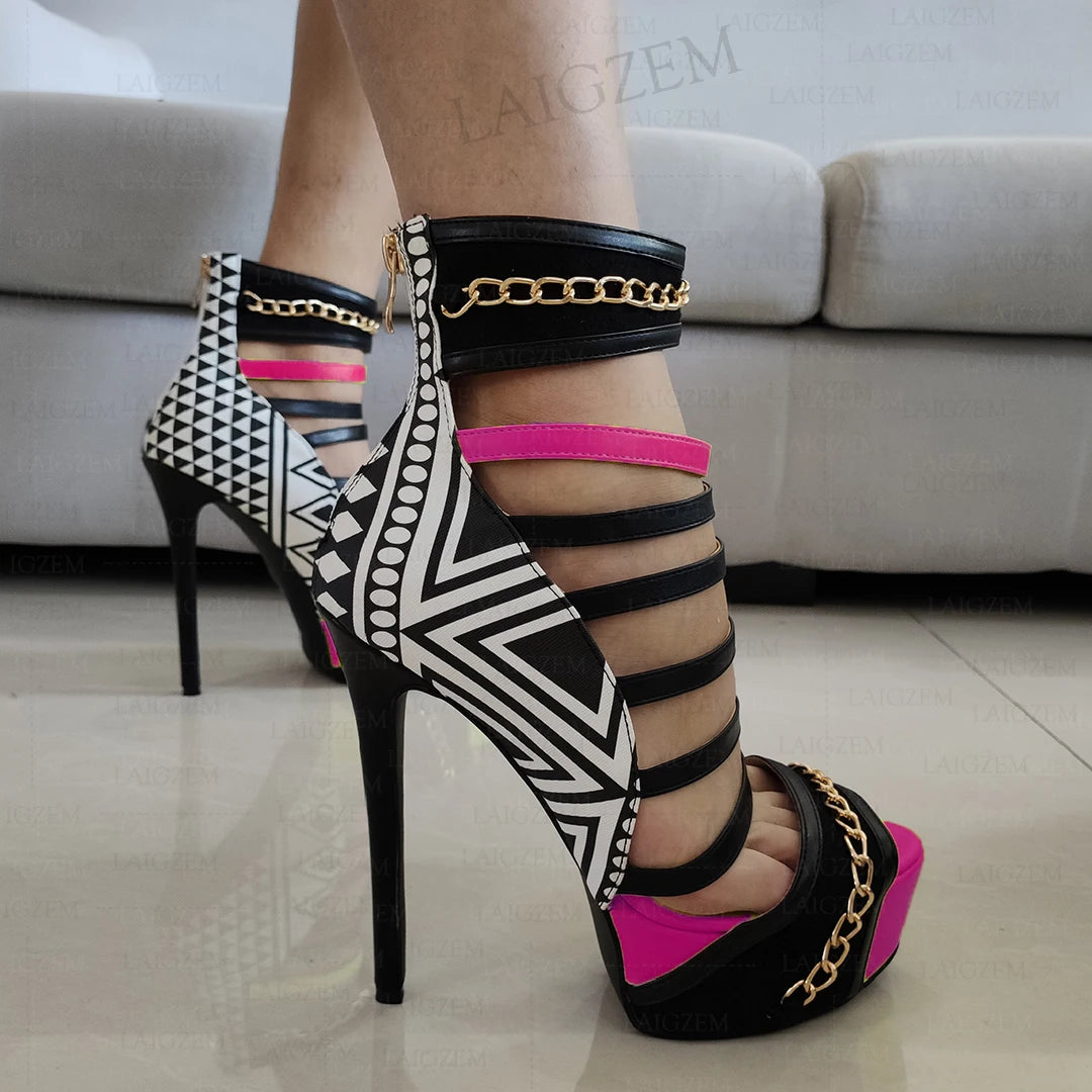 LAIGZEM Women Platform Sandals Back Zip Stiletto High Heels Pumps Multi Colors Prom Ladies Shoes Woman Big Size 41 43 44 46 52