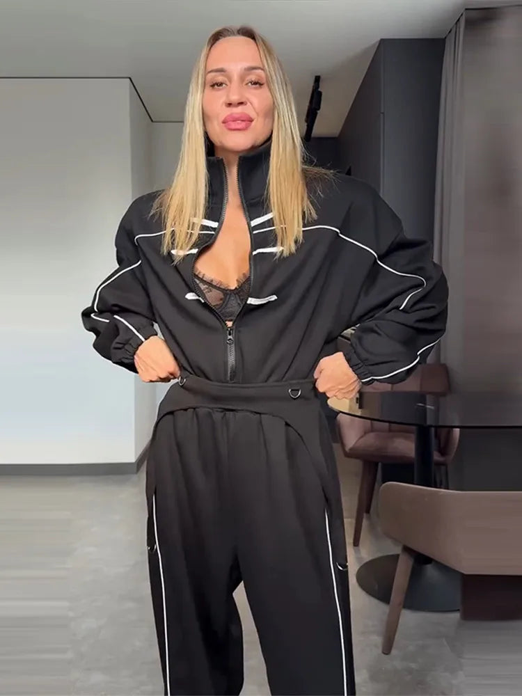 Casual Contrasted Color Women Jumpsuits Full Sleeve Stand Collar Waist-Closed Lady Rompers 2026 Autumn Winter Female Jumpsuit