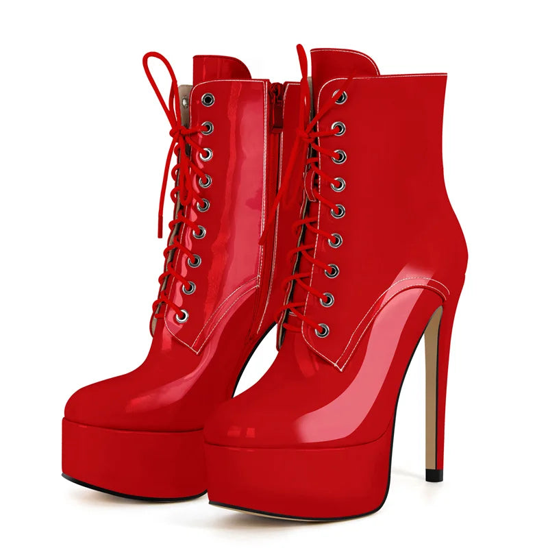 Onlymaker Women Round Toe Platform Lace-up Stiletto Printed Side Zipper Stiletto High Heel Ankle Boots