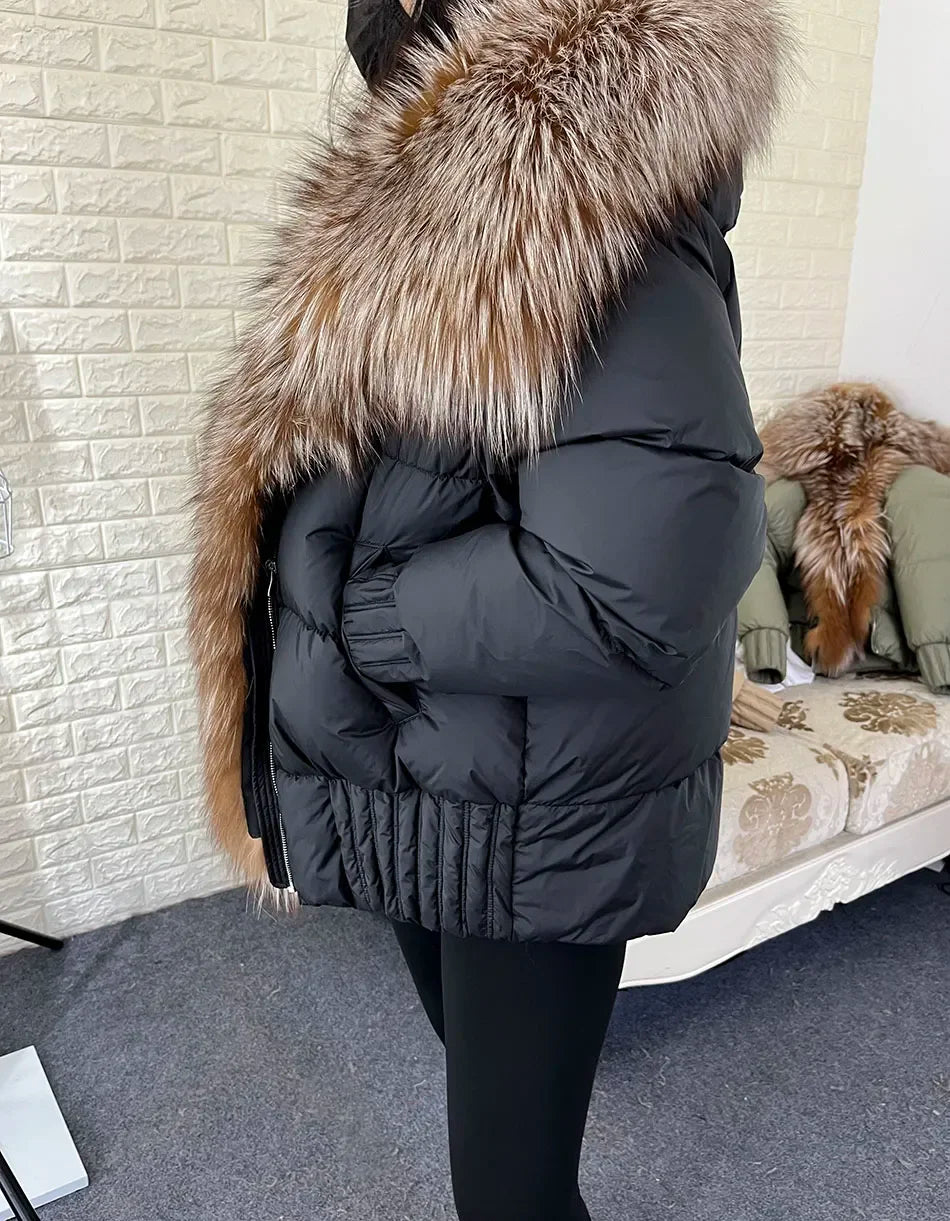 MMK 2023 Winter Women Warm White Duck Down Jacket Natural Real Fox Fur Collar Hood Puffer Coat Thick Luxury Outerwear