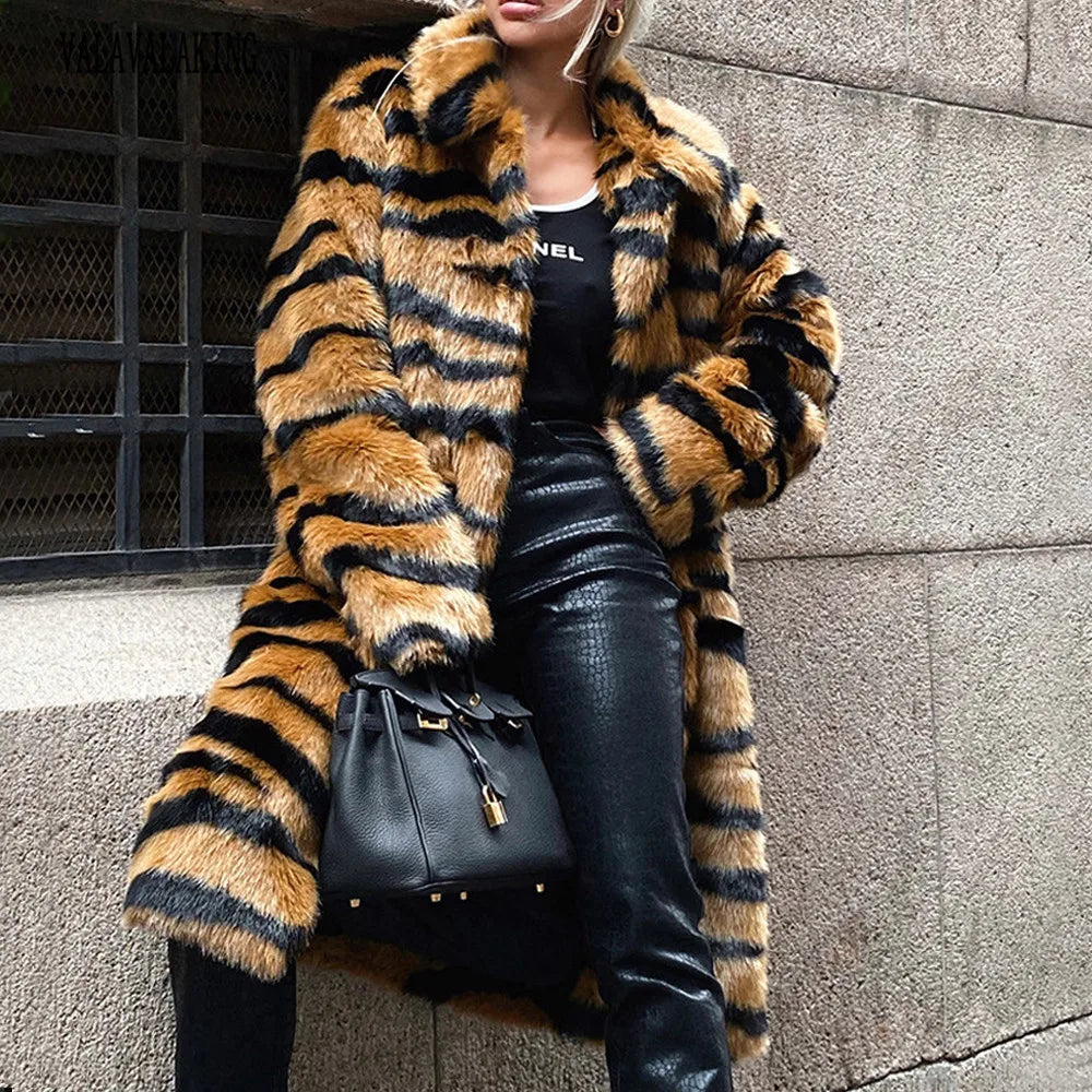 2026 Winter Plus Size Faux Fur Long Coat Women Tiger Long Sleeve Fluffy Jacket Ladies Large Thick Warm Furry Cardigan Outwear