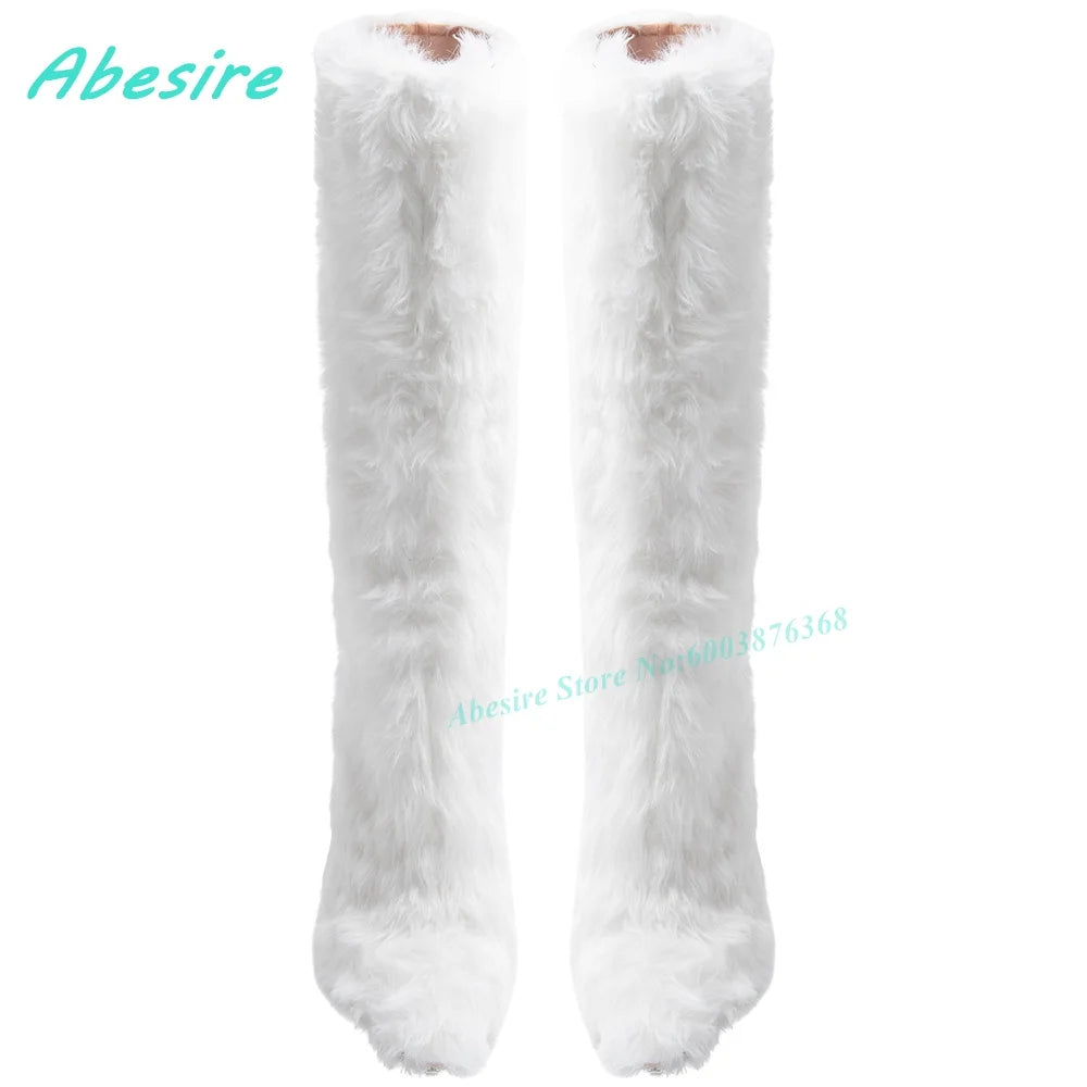 White Faux Fluffy Fur Knee High Boots Pointed Toe Stiletto Heels Side Zipper Women's Boots Spicy Girls Fashion Show Winter Shoes